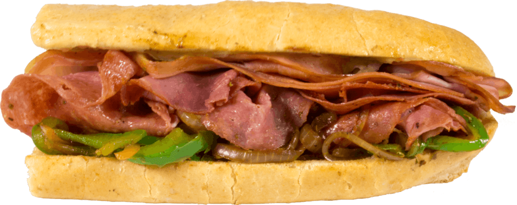 Lennys Hot Italian - Grilled-to-order fresh sliced hickory-smoked Ham, Prosciutto, Capicola, Genoa Salami, Grilled Onions, Green Peppers, creamy Provolone cheese, Oregano, Oil, Red Wine Vinegar, and your choice of toppings on a freshly baked white or wheat roll.